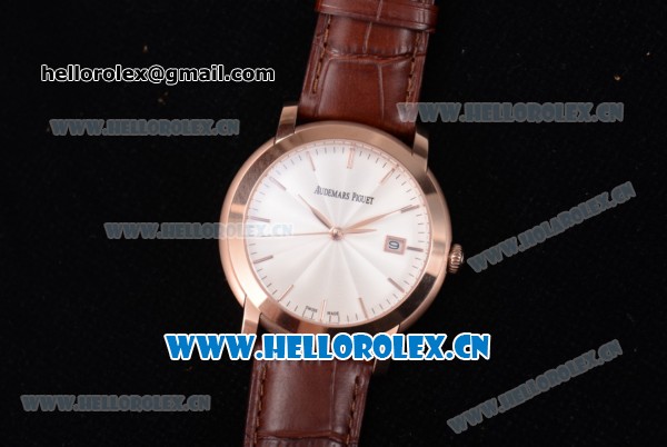 Audemars Piguet Jules Audemars Clone AP Calibre 3120 Automatic Rose Gold Case with White Dial Stick Markers and Brown Leather Strap (EF) - Click Image to Close